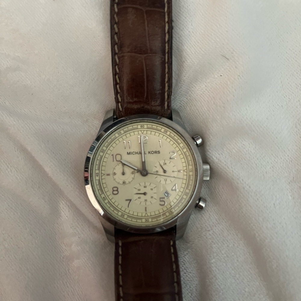 Silver Michael Kors Watch with brown leather band